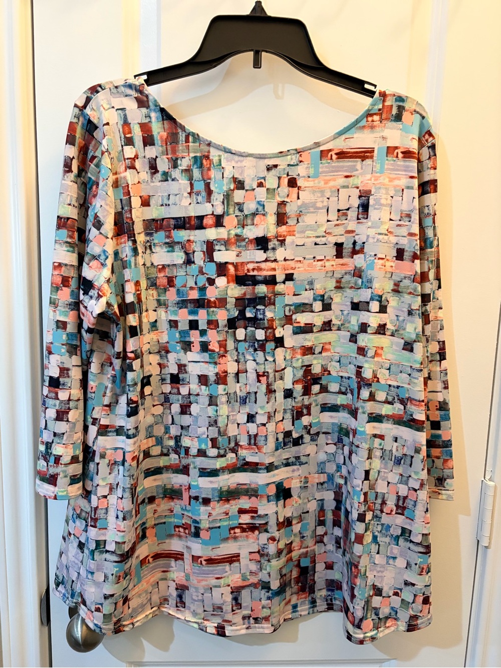 Peck & Peck Abstract Print Long Sleeve Top in Teal, Burgundy, Cream Flowy
